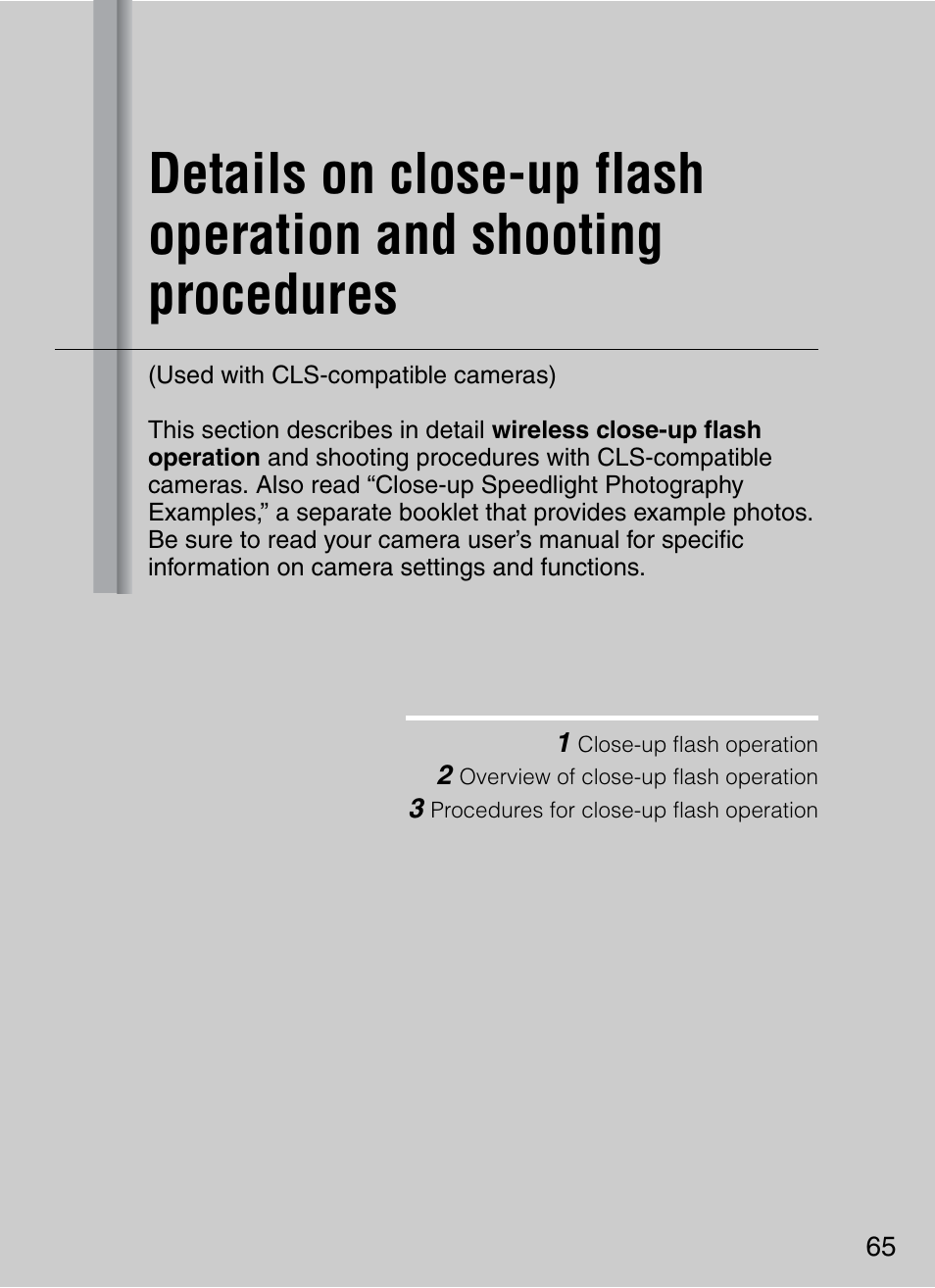Used with cls-compatible cameras), P (p. 65) | Nikon 4804 R1 Wireless Close-Up Speedlight System User Manual | Page 65 / 134