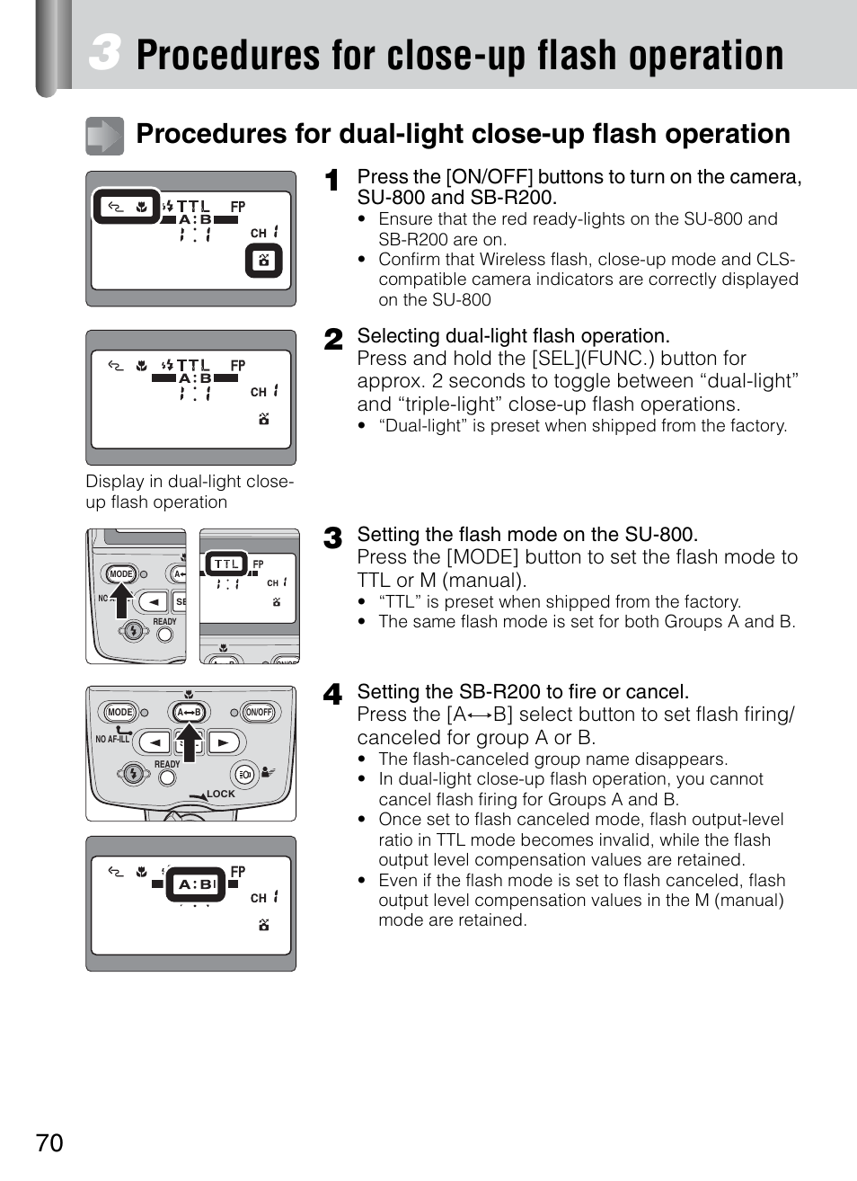 Procedures for close-up flash operation, Procedures for dual-light close-up flash operation | Nikon 4804 R1 Wireless Close-Up Speedlight System User Manual | Page 70 / 134