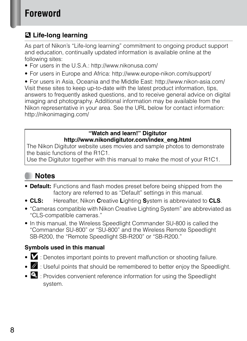 Foreword | Nikon 4804 R1 Wireless Close-Up Speedlight System User Manual | Page 8 / 134