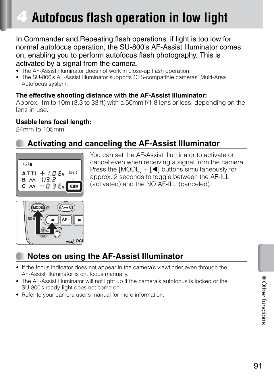 Autofocus flash operation in low light, Activating and canceling the af-assist illuminator | Nikon 4804 R1 Wireless Close-Up Speedlight System User Manual | Page 91 / 134