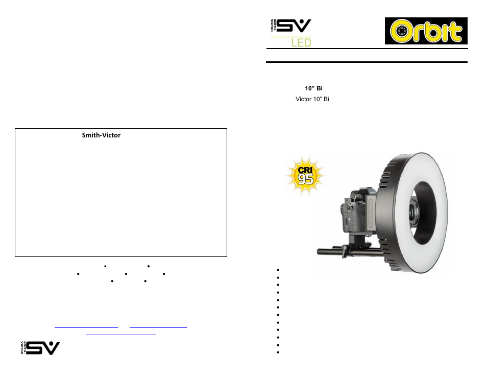 Smith-Victor Orbit Pro Series Bi-Color LED Ring Light with Battery Bundle (10") User Manual | 2 pages