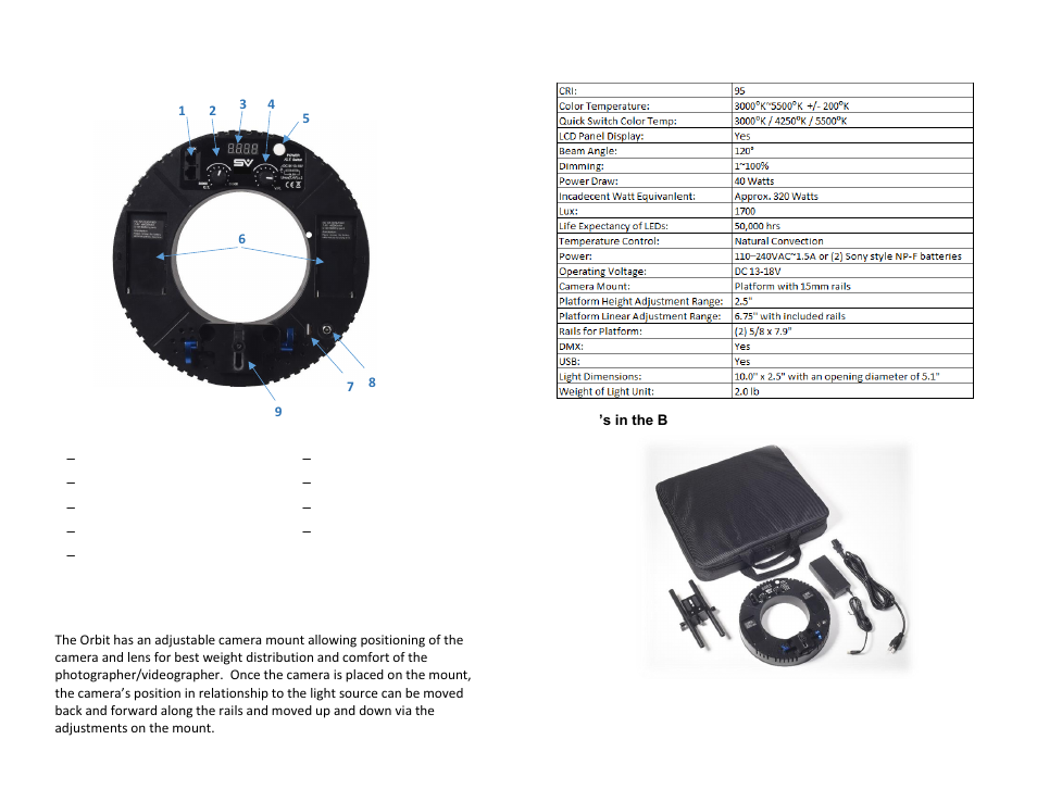 Smith-Victor Orbit Pro Series Bi-Color LED Ring Light with Battery Bundle (10") User Manual | Page 2 / 2