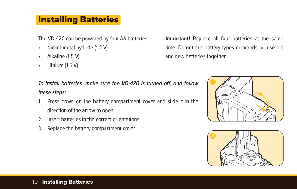 Installing batteries | Bolt VD-420 Wireless Manual Flash User Manual | Page 10 / 32