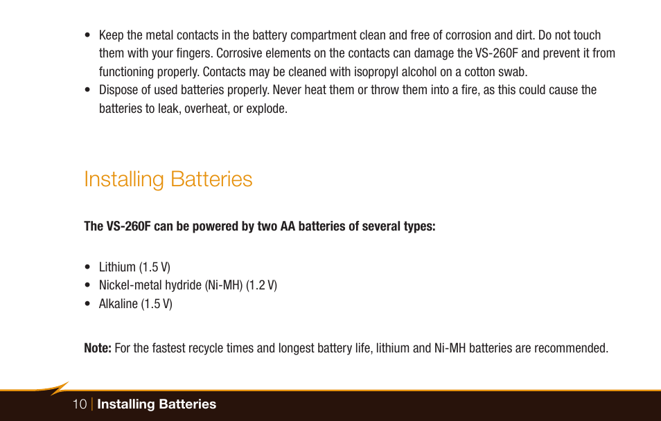 Installing batteries | Bolt VS-260F Compact On-Camera Flash for Cameras User Manual | Page 10 / 24