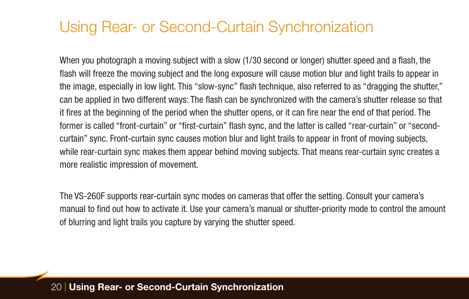 Using rear- or second-curtain synchronization | Bolt VS-260F Compact On-Camera Flash for Cameras User Manual | Page 20 / 24