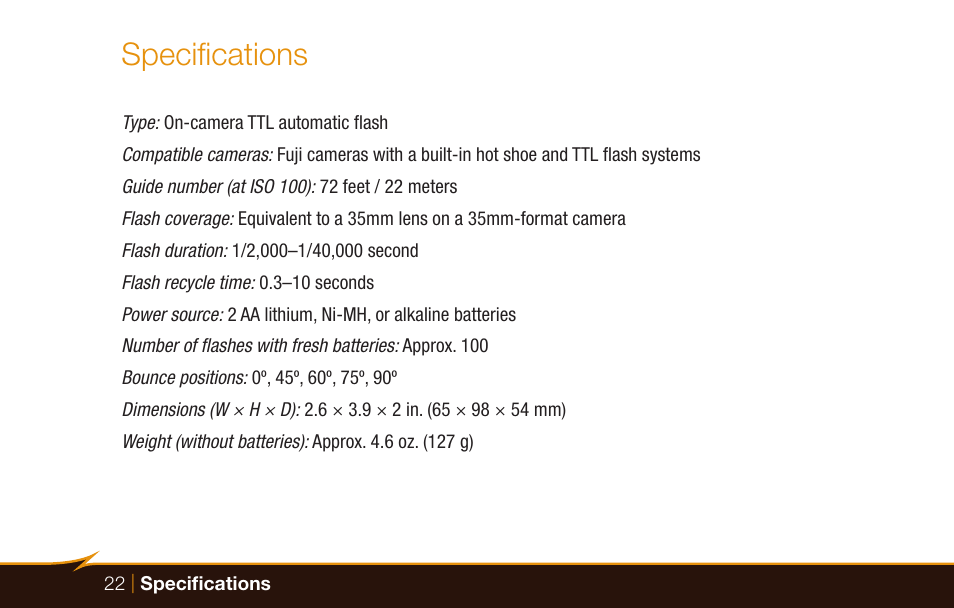 Specifications | Bolt VS-260F Compact On-Camera Flash for Cameras User Manual | Page 22 / 24