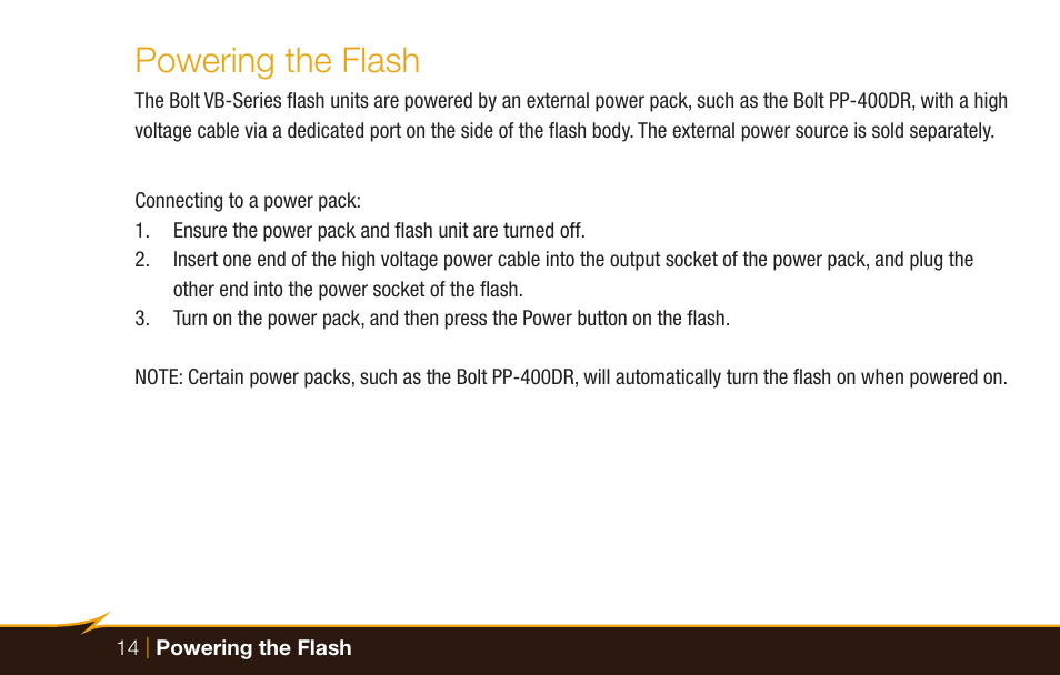 Powering the flash | Bolt VB-22 Bare-Bulb Flash User Manual | Page 14 / 36