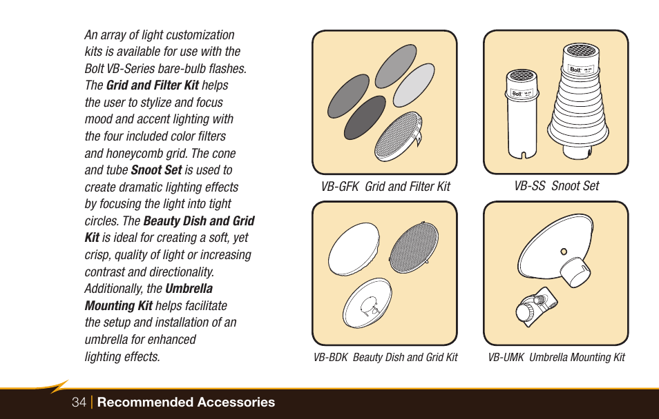 34 | | recommended accessories, Vb-ss snoot set | Bolt VB-22 Bare-Bulb Flash User Manual | Page 34 / 36