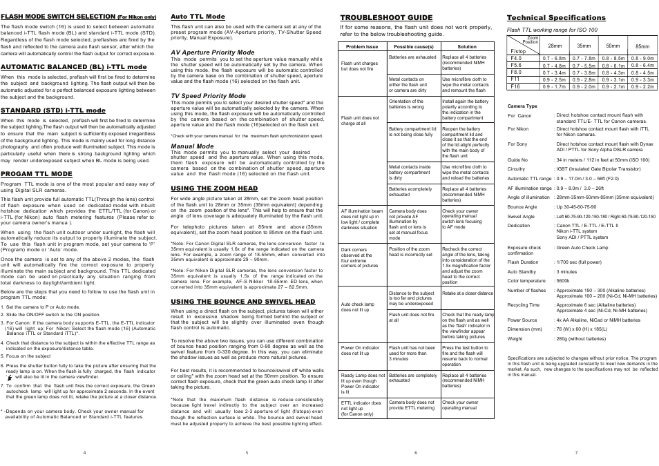 D35af-p2, Technical specifications, Troubleshoot guide | Bower SFD35 Digital Flash for Cameras User Manual | Page 2 / 2