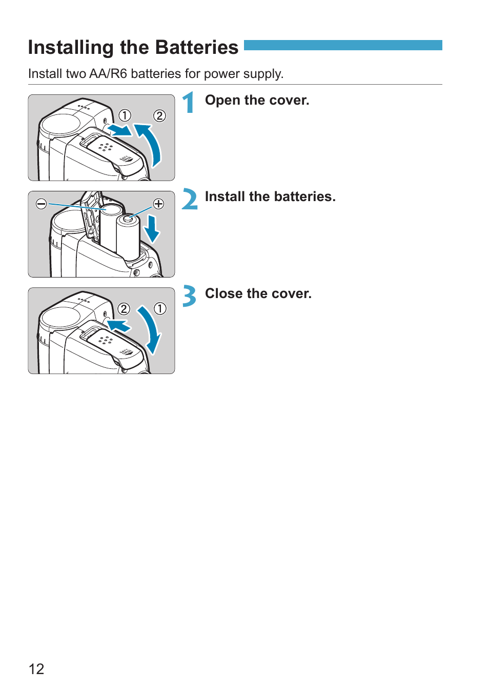 Installing the batteries, P.12 | Canon Speedlite EL-100 User Manual | Page 12 / 64