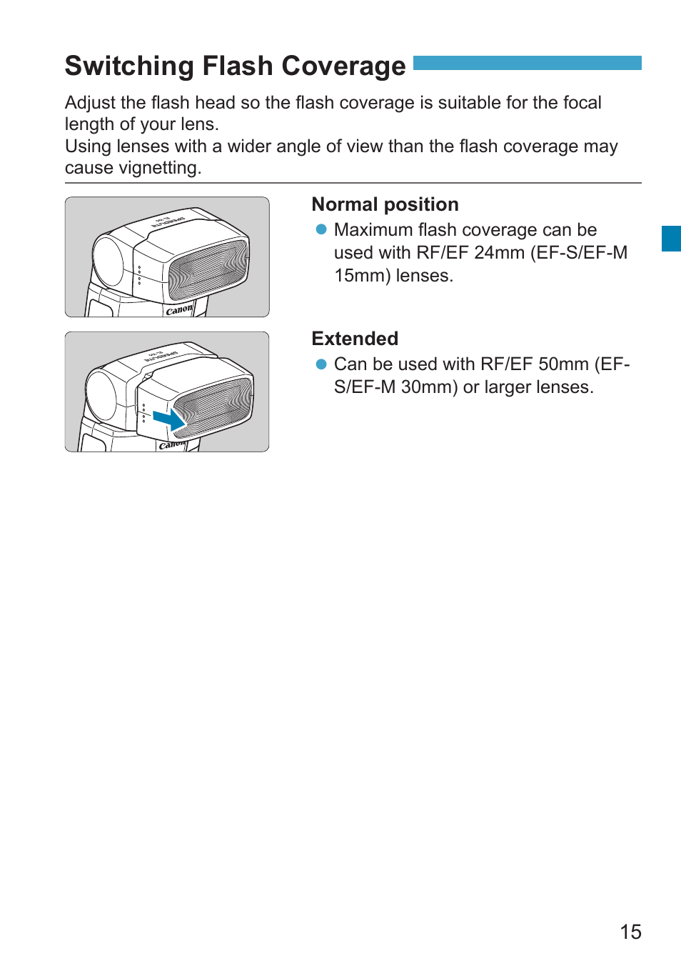 Switching flash coverage, P.15 | Canon Speedlite EL-100 User Manual | Page 15 / 64