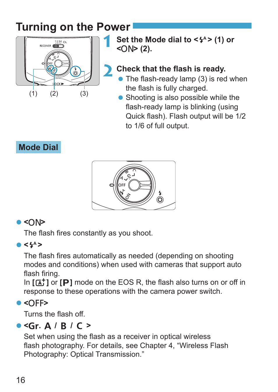 Turning on the power, P.16 | Canon Speedlite EL-100 User Manual | Page 16 / 64