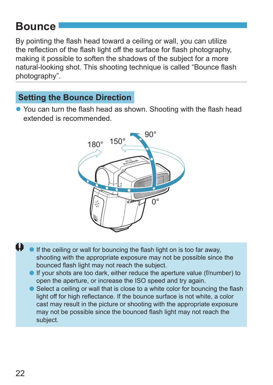 Bounce, P.22, Setting the bounce direction | Canon Speedlite EL-100 User Manual | Page 22 / 64