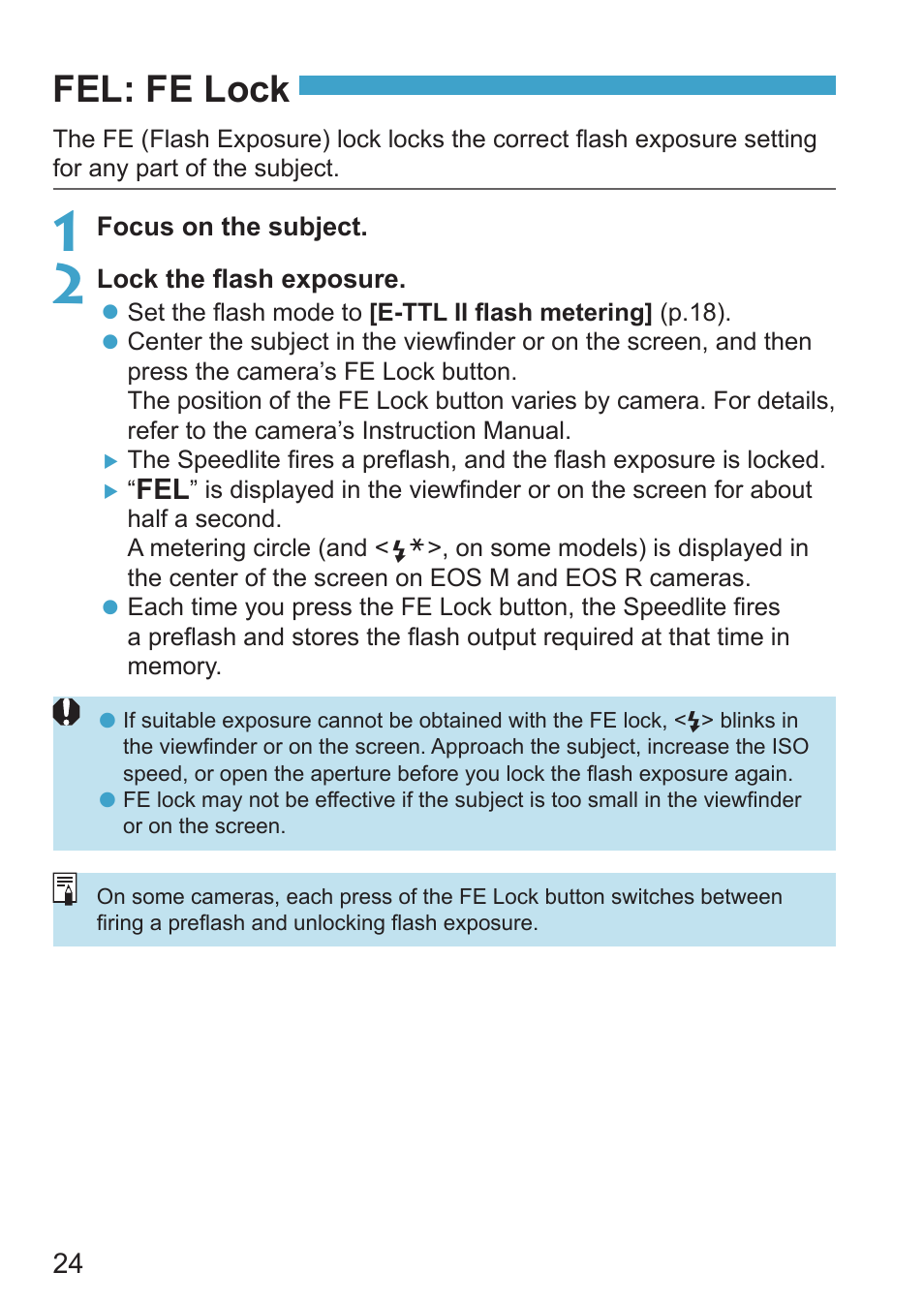 Fe lock, Fel: fe lock, P.24 | Canon Speedlite EL-100 User Manual | Page 24 / 64