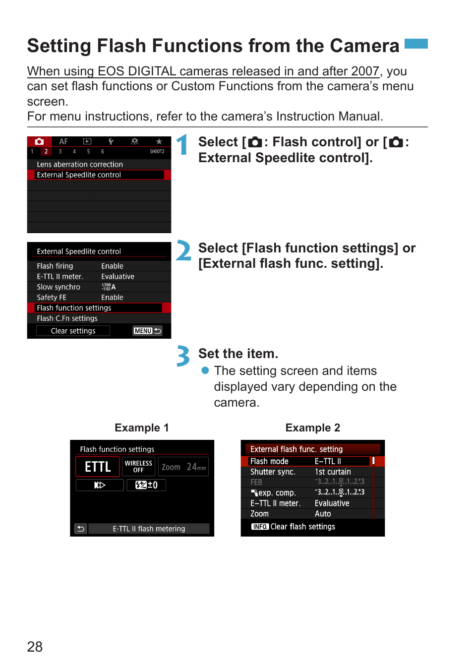 Setting flash functions from the camera | Canon Speedlite EL-100 User Manual | Page 28 / 64