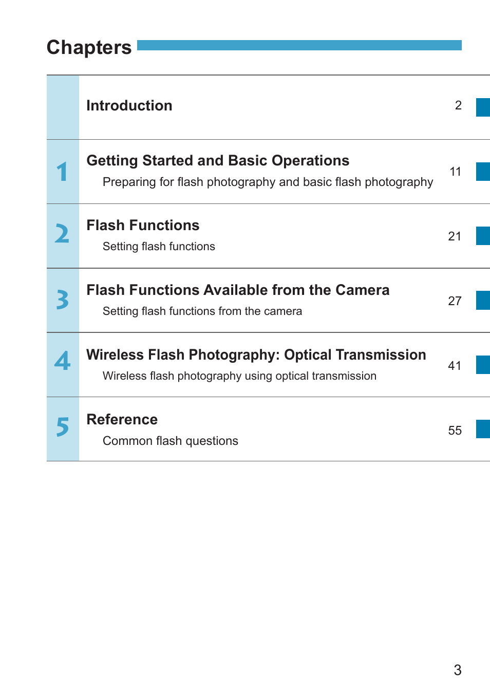 Chapters | Canon Speedlite EL-100 User Manual | Page 3 / 64