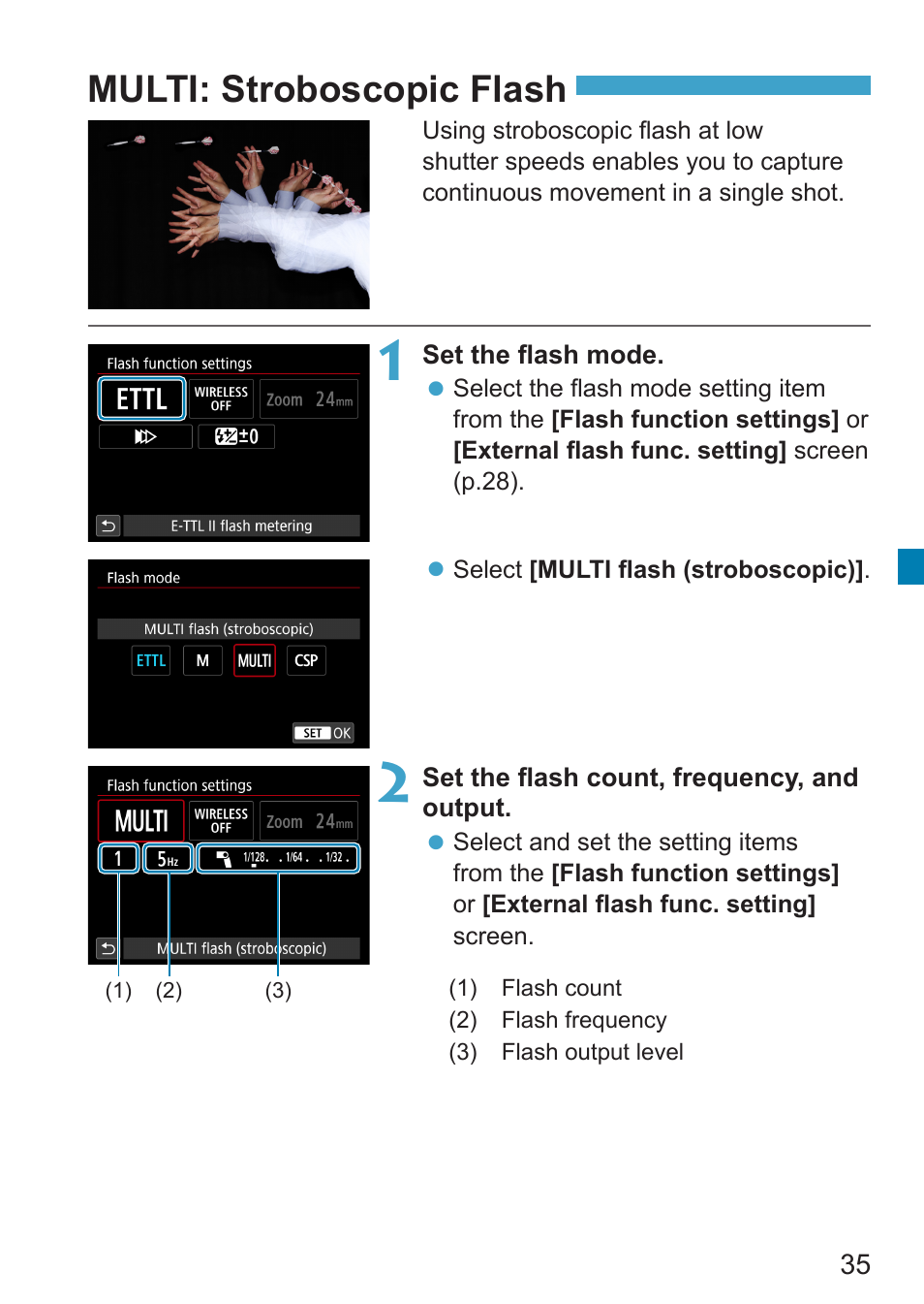 Stroboscopic flash, Multi, P.35) | Multi: stroboscopic flash | Canon Speedlite EL-100 User Manual | Page 35 / 64