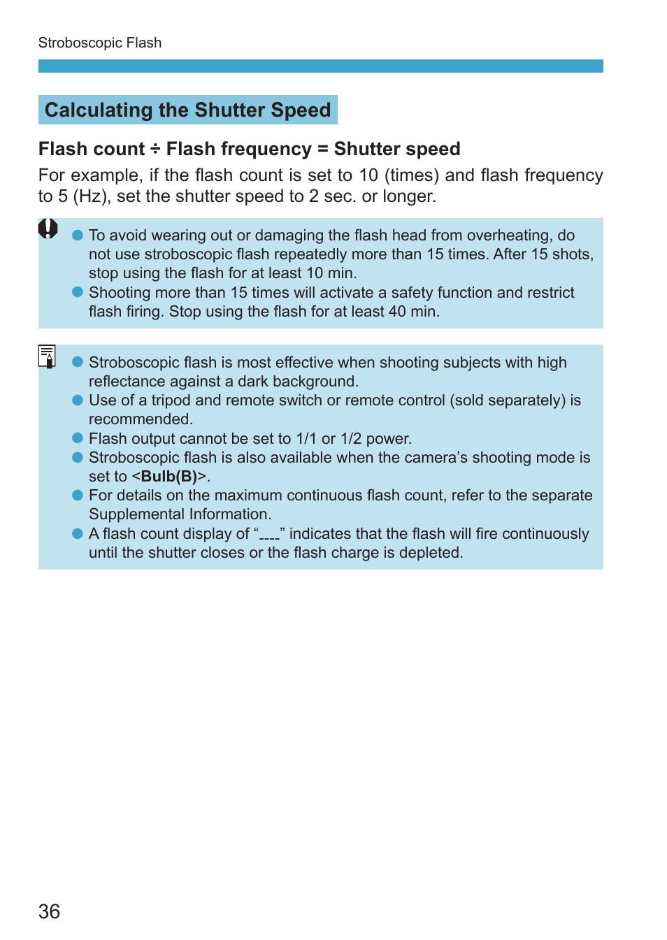 Calculating the shutter speed, Flash count ÷ flash frequency = shutter speed | Canon Speedlite EL-100 User Manual | Page 36 / 64