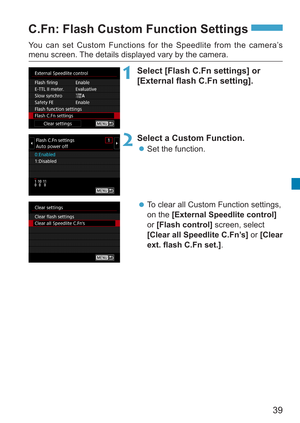 Flash custom function settings, C.fn: flash custom function settings, P.39 | P.39) | Canon Speedlite EL-100 User Manual | Page 39 / 64