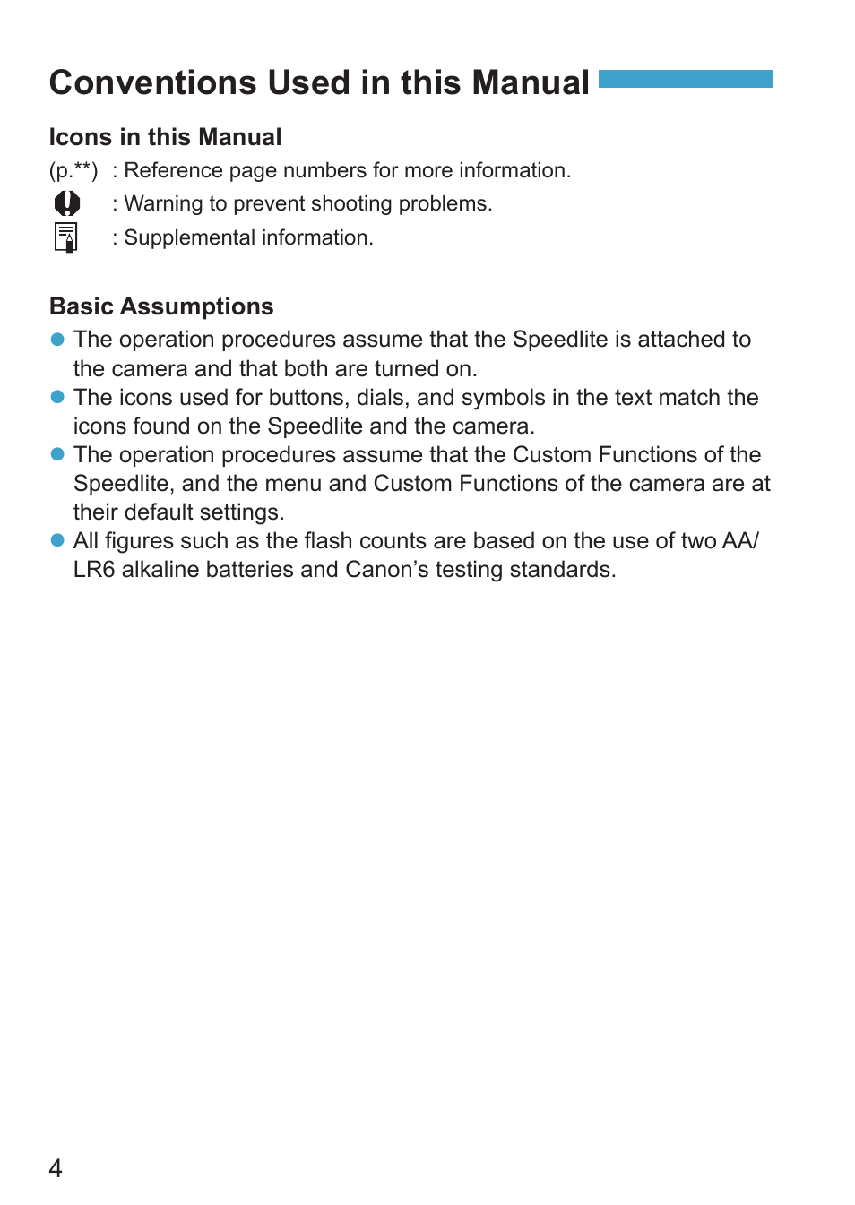 Conventions used in this manual | Canon Speedlite EL-100 User Manual | Page 4 / 64