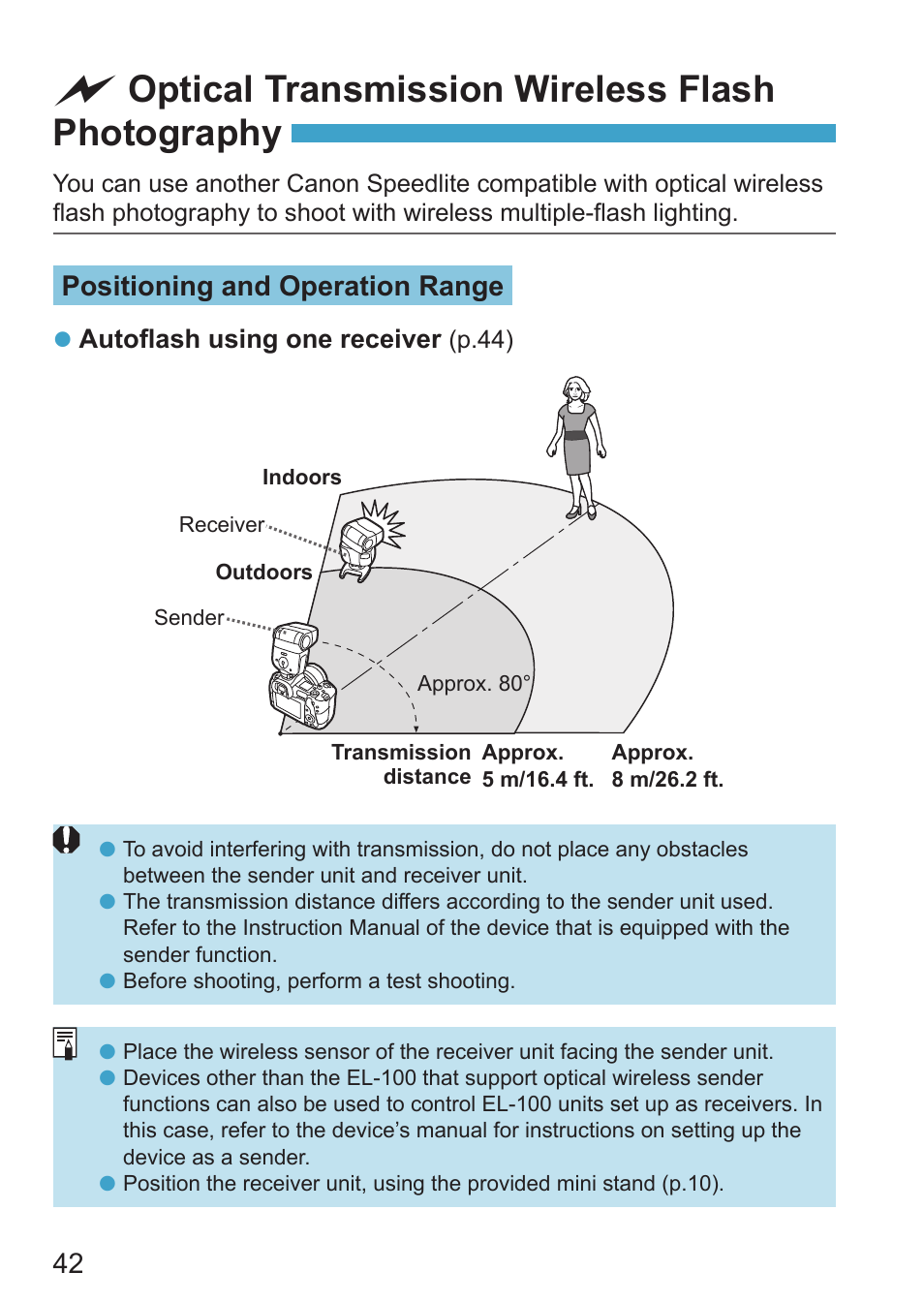 Optical transmission wireless flash photography, Positioning and operation range | Canon Speedlite EL-100 User Manual | Page 42 / 64