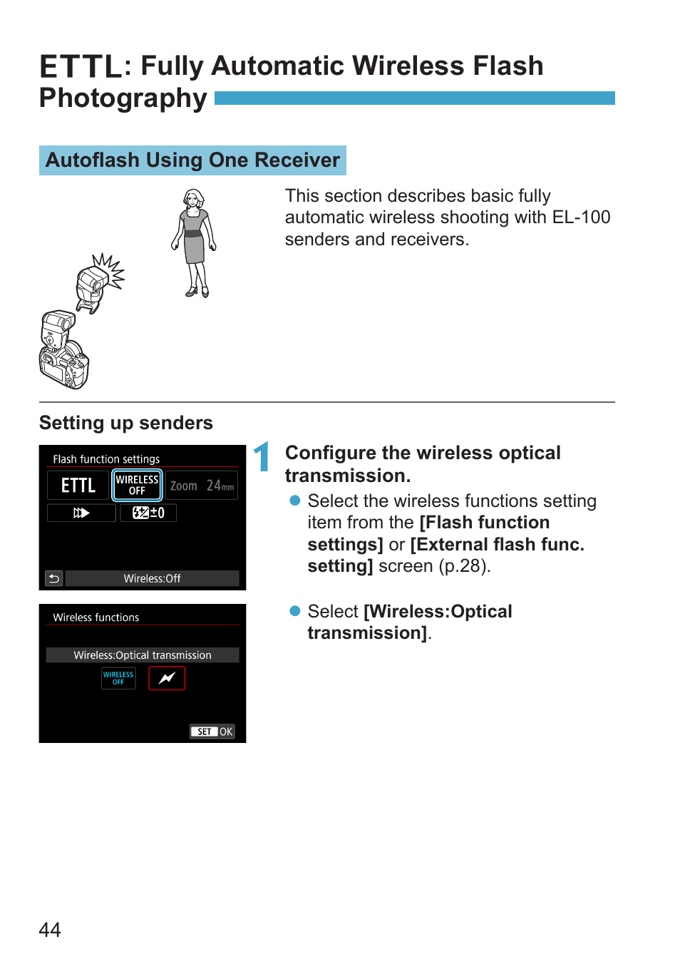 Fully automatic wireless flash photography, P.44, A: fully automatic wireless flash photography | Canon Speedlite EL-100 User Manual | Page 44 / 64