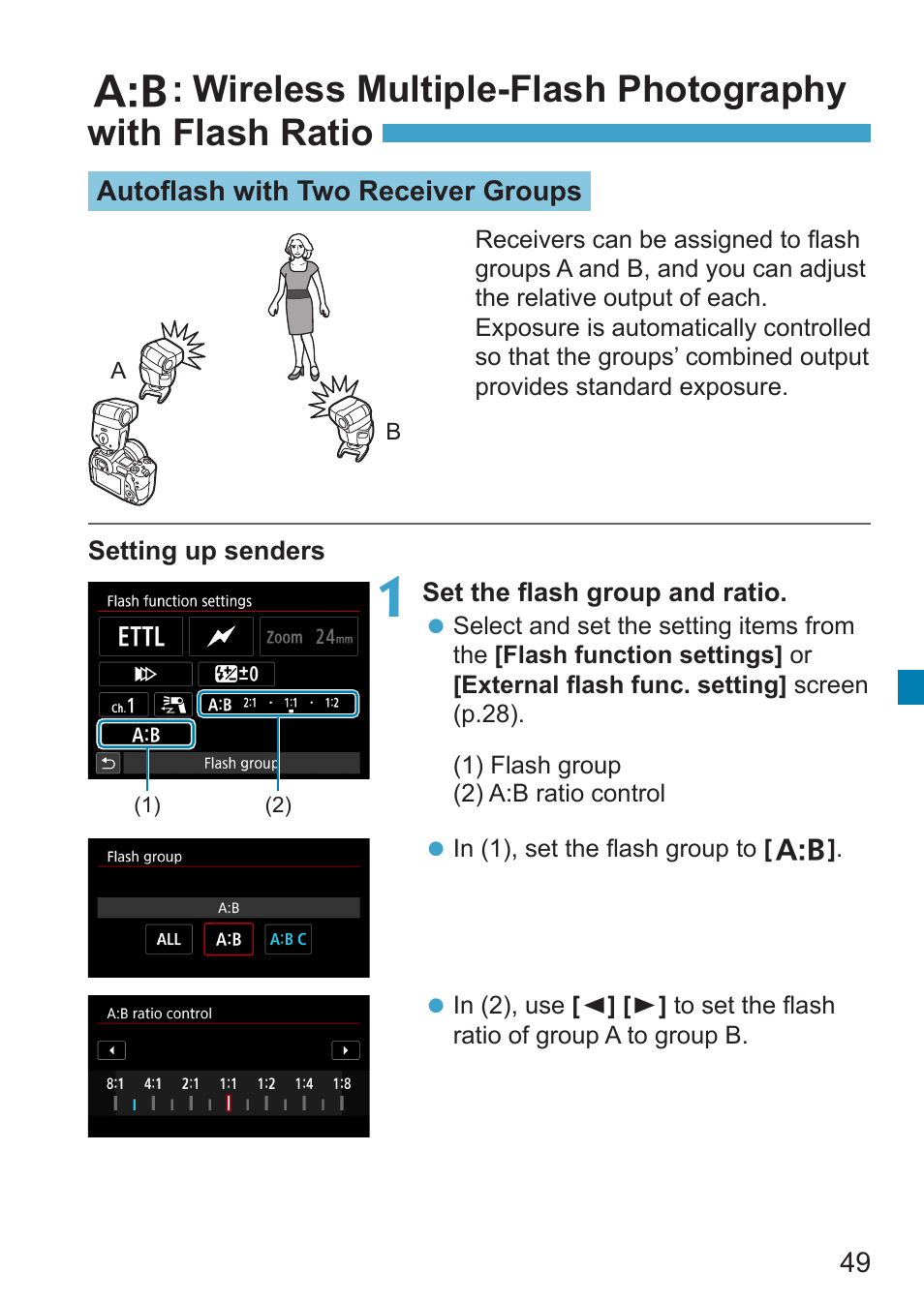Wireless multiple-flash photography with, Flash ratio | Canon Speedlite EL-100 User Manual | Page 49 / 64