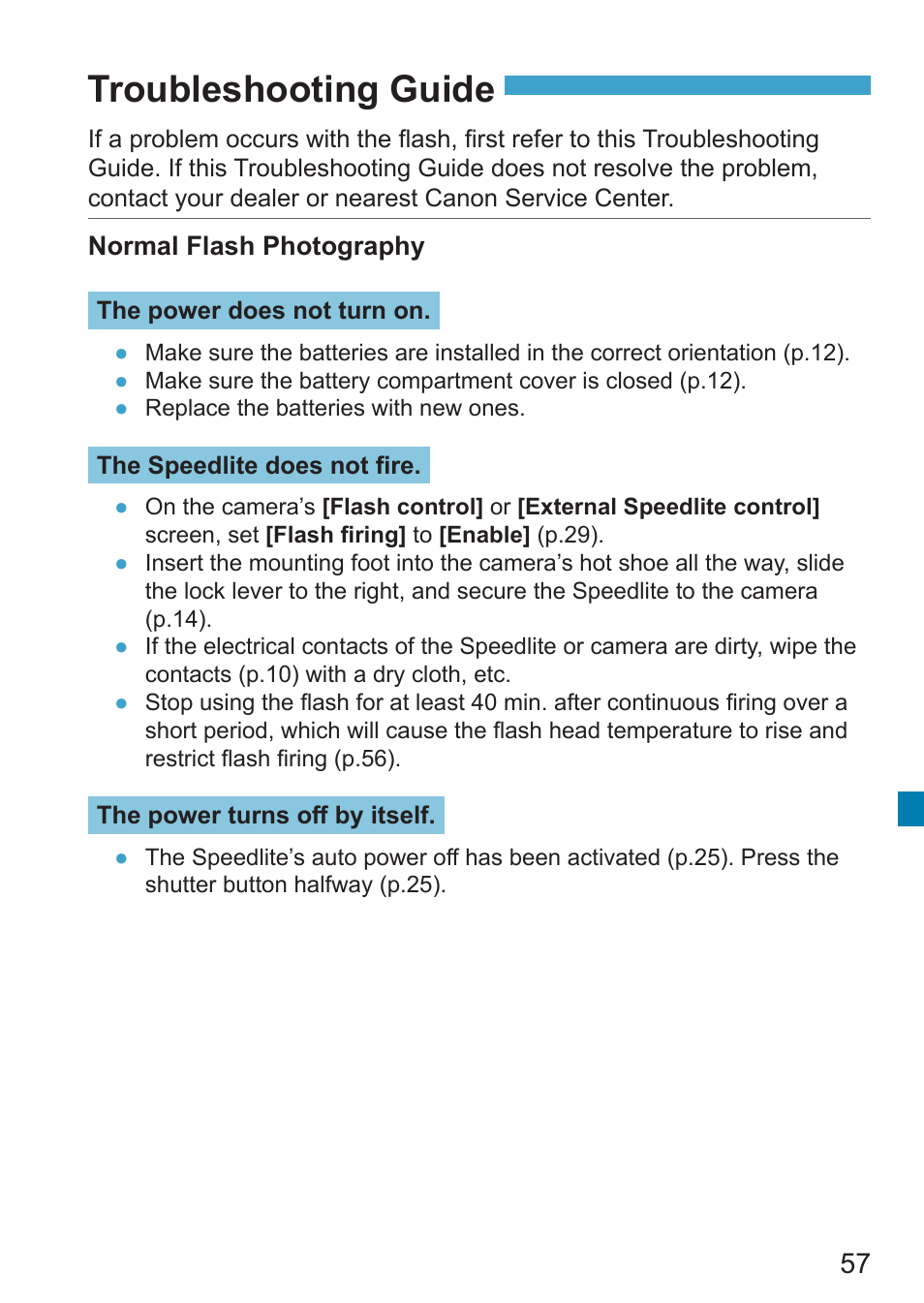 Troubleshooting guide | Canon Speedlite EL-100 User Manual | Page 57 / 64