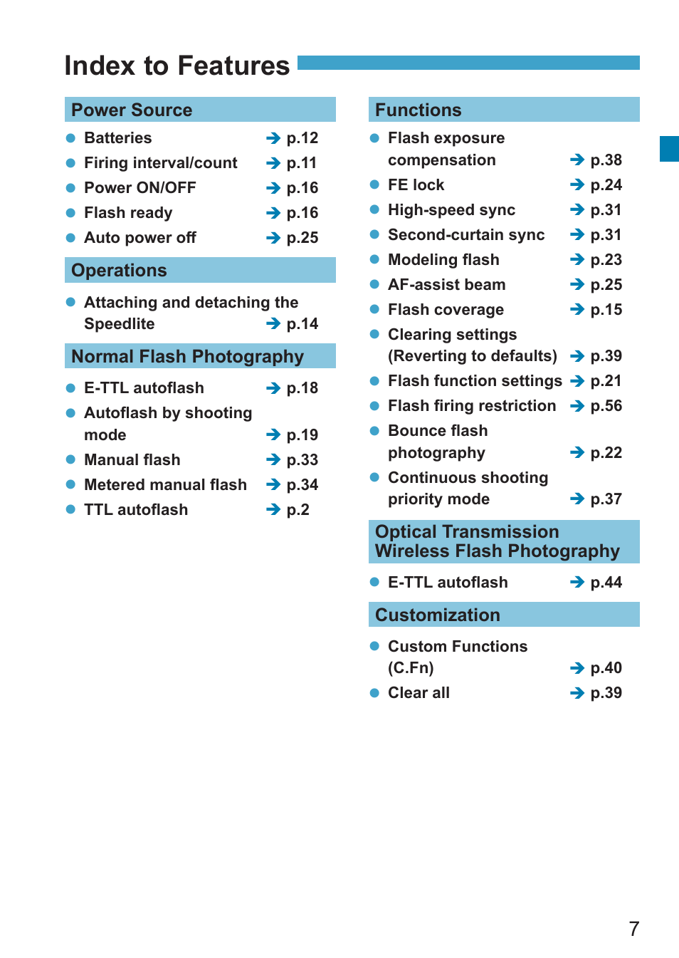 Index to features | Canon Speedlite EL-100 User Manual | Page 7 / 64