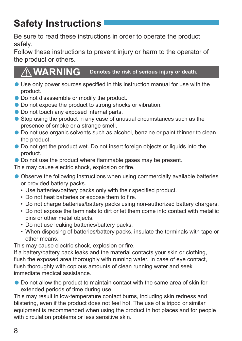 Safety instructions, Warning | Canon Speedlite EL-100 User Manual | Page 8 / 64