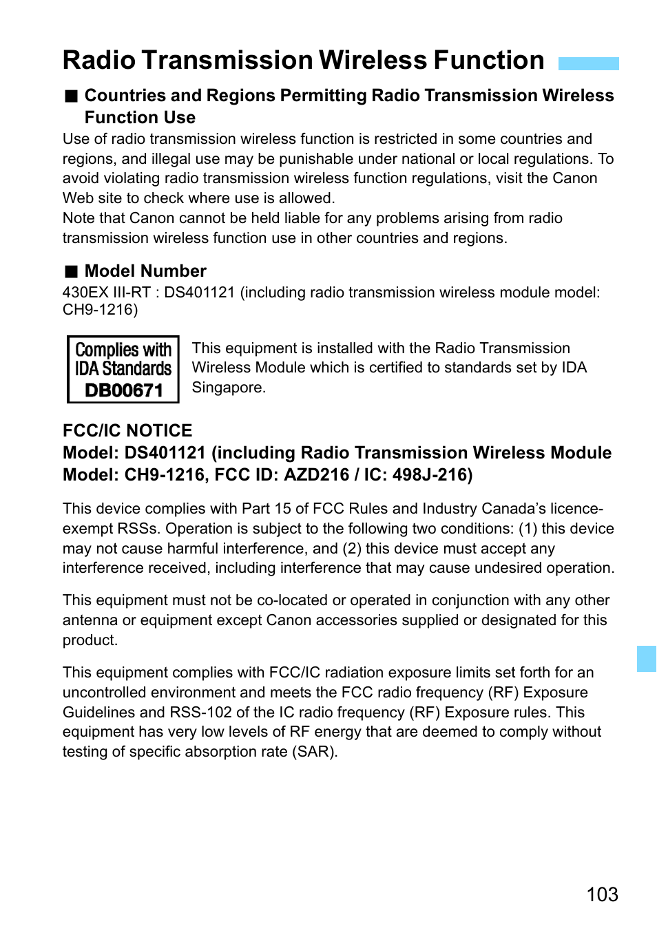 Radio transmission wireless function | Canon Speedlite 430EX III-RT User Manual | Page 103 / 108