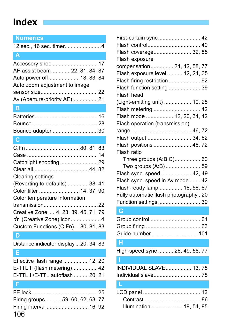 Index | Canon Speedlite 430EX III-RT User Manual | Page 106 / 108