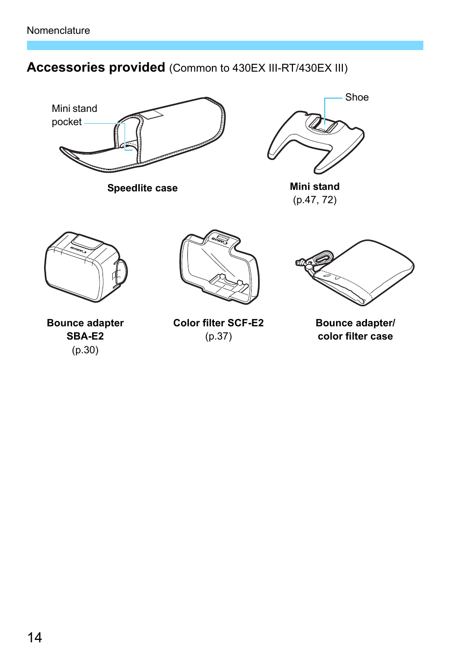 Accessories provided | Canon Speedlite 430EX III-RT User Manual | Page 14 / 108