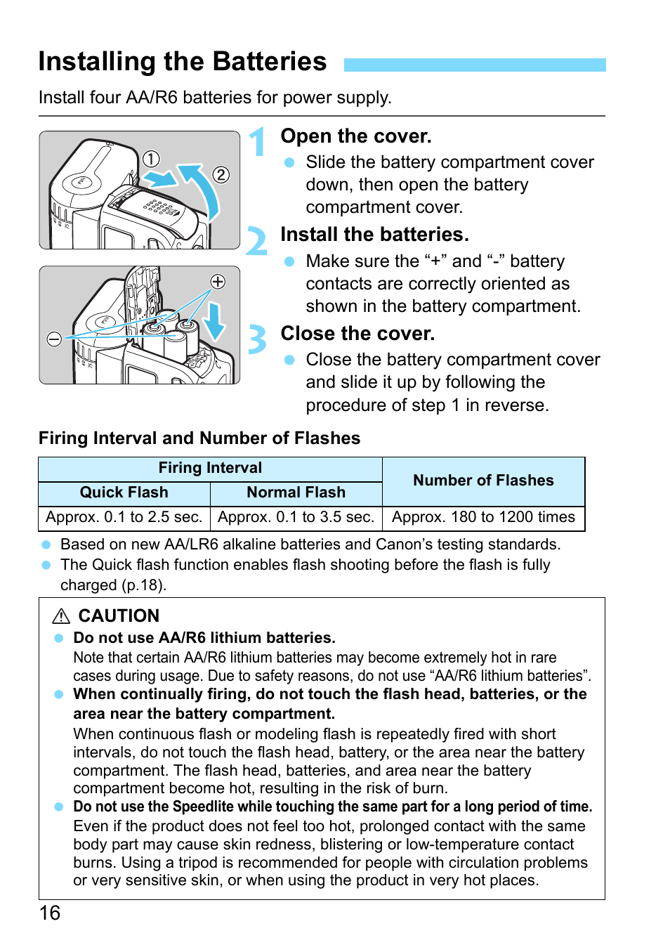 Installing the batteries, Er (p.16) | Canon Speedlite 430EX III-RT User Manual | Page 16 / 108