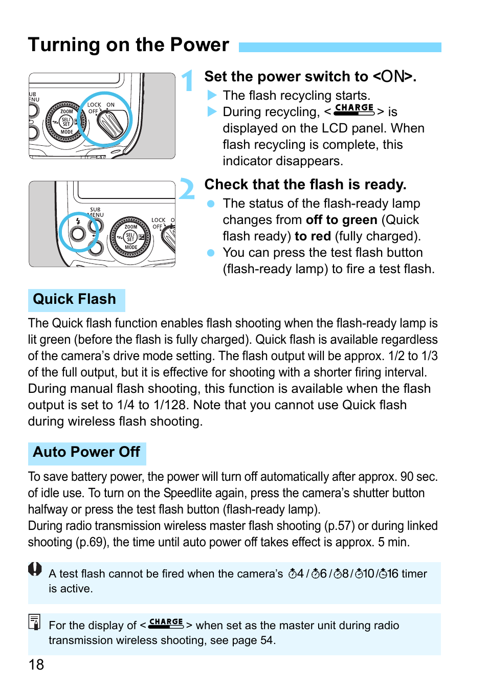 Turning on the power, P.18, 56), Ch (p.18) | Charge indicator (p.18) | Canon Speedlite 430EX III-RT User Manual | Page 18 / 108