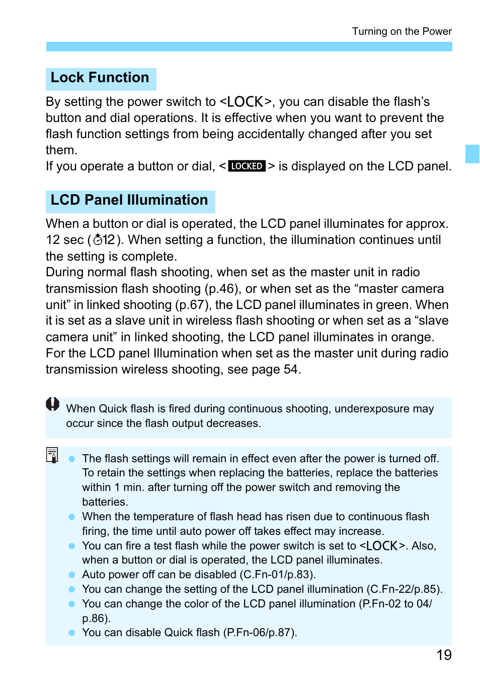 P.19), Lock function lcd panel illumination | Canon Speedlite 430EX III-RT User Manual | Page 19 / 108