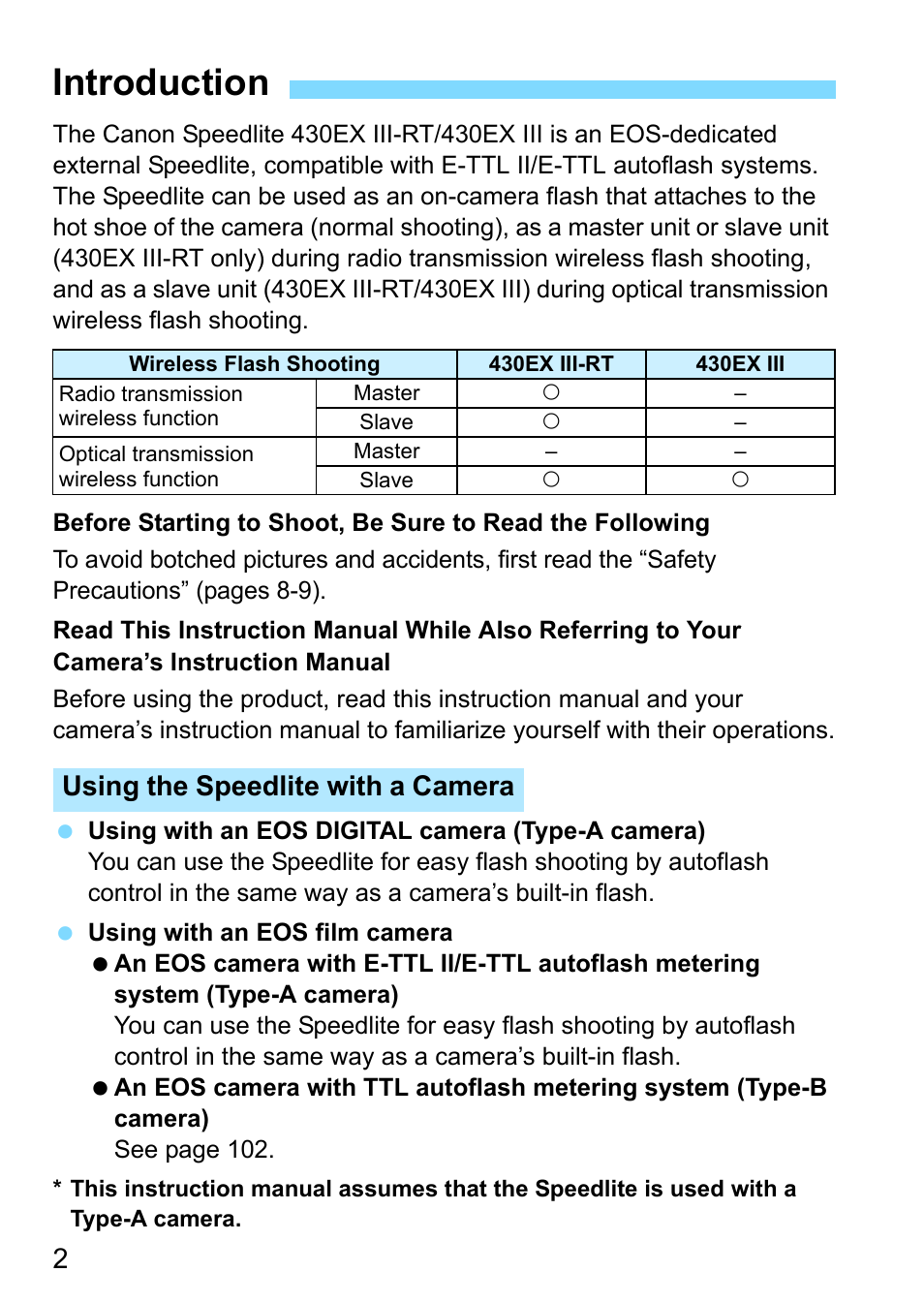 Introduction, Using the speedlite with a camera | Canon Speedlite 430EX III-RT User Manual | Page 2 / 108