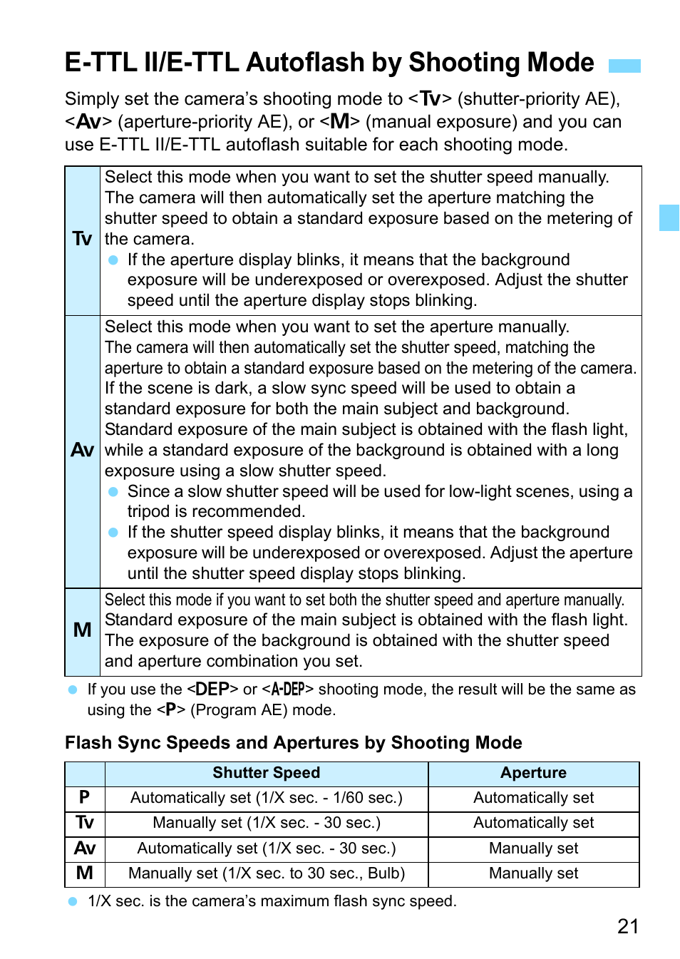 E-ttl ii/e-ttl autoflash by shooting mode | Canon Speedlite 430EX III-RT User Manual | Page 21 / 108