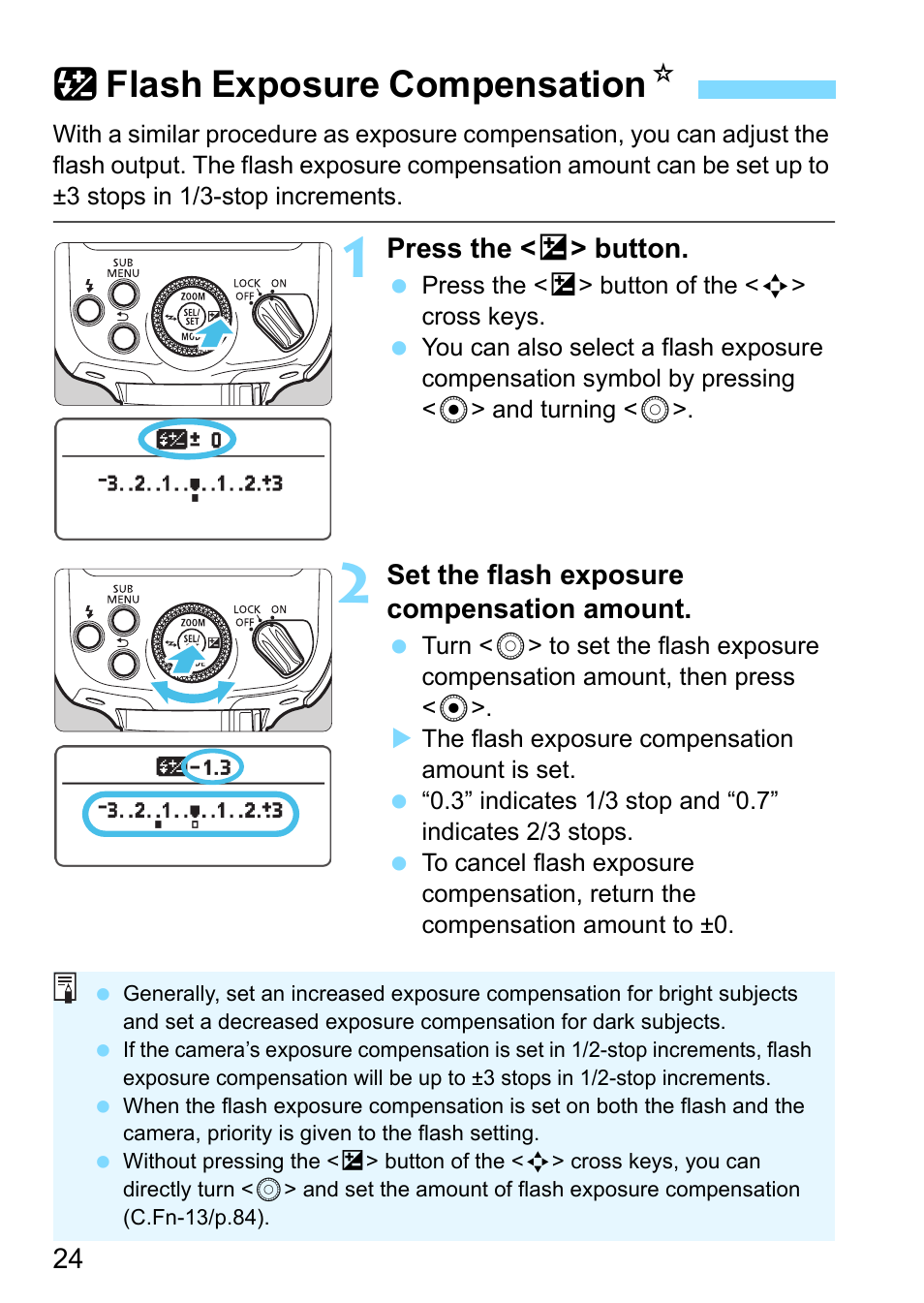 Flash exposure compensation, P.24/34), Flash exposure compensation (p.24, 42) | Fflash exposure compensation n | Canon Speedlite 430EX III-RT User Manual | Page 24 / 108