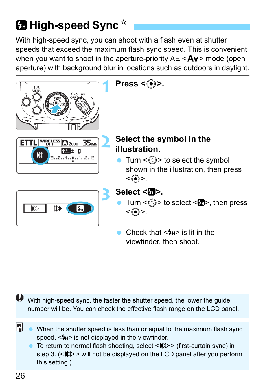 High-speed sync, P.26, Chigh-speed sync n | Canon Speedlite 430EX III-RT User Manual | Page 26 / 108