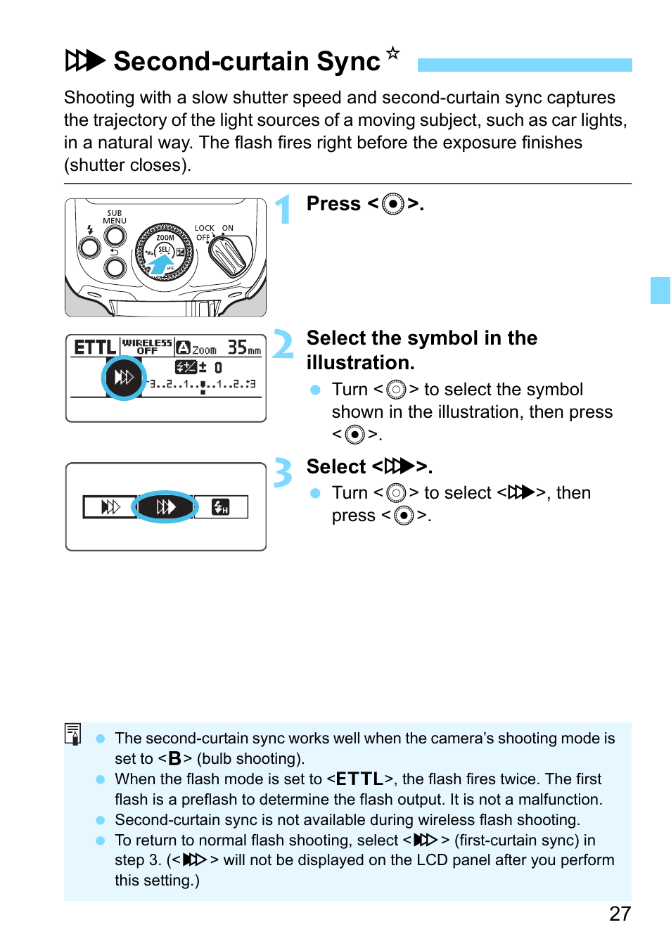 Second-curtain sync, P.27, Rsecond-curtain sync n | Canon Speedlite 430EX III-RT User Manual | Page 27 / 108