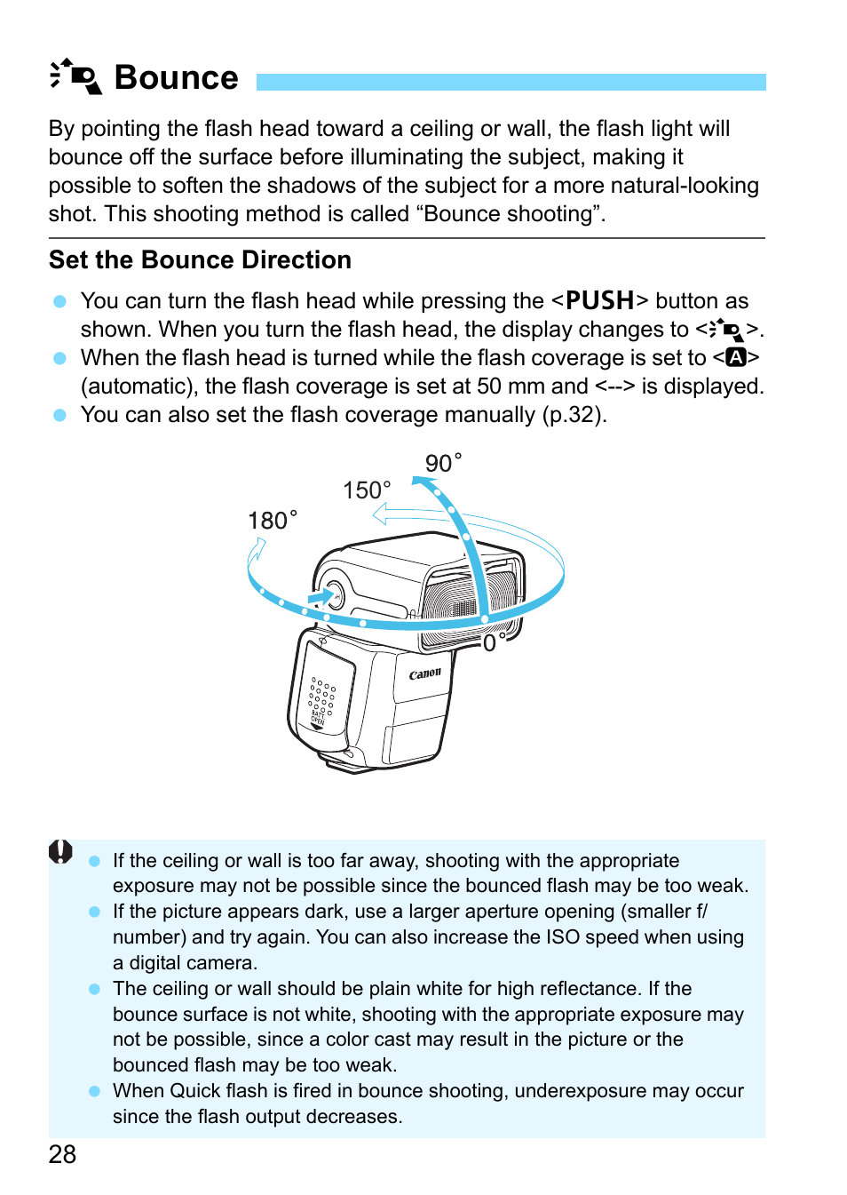 Bounce, P.28), N (p.28) | Mbounce, Set the bounce direction | Canon Speedlite 430EX III-RT User Manual | Page 28 / 108