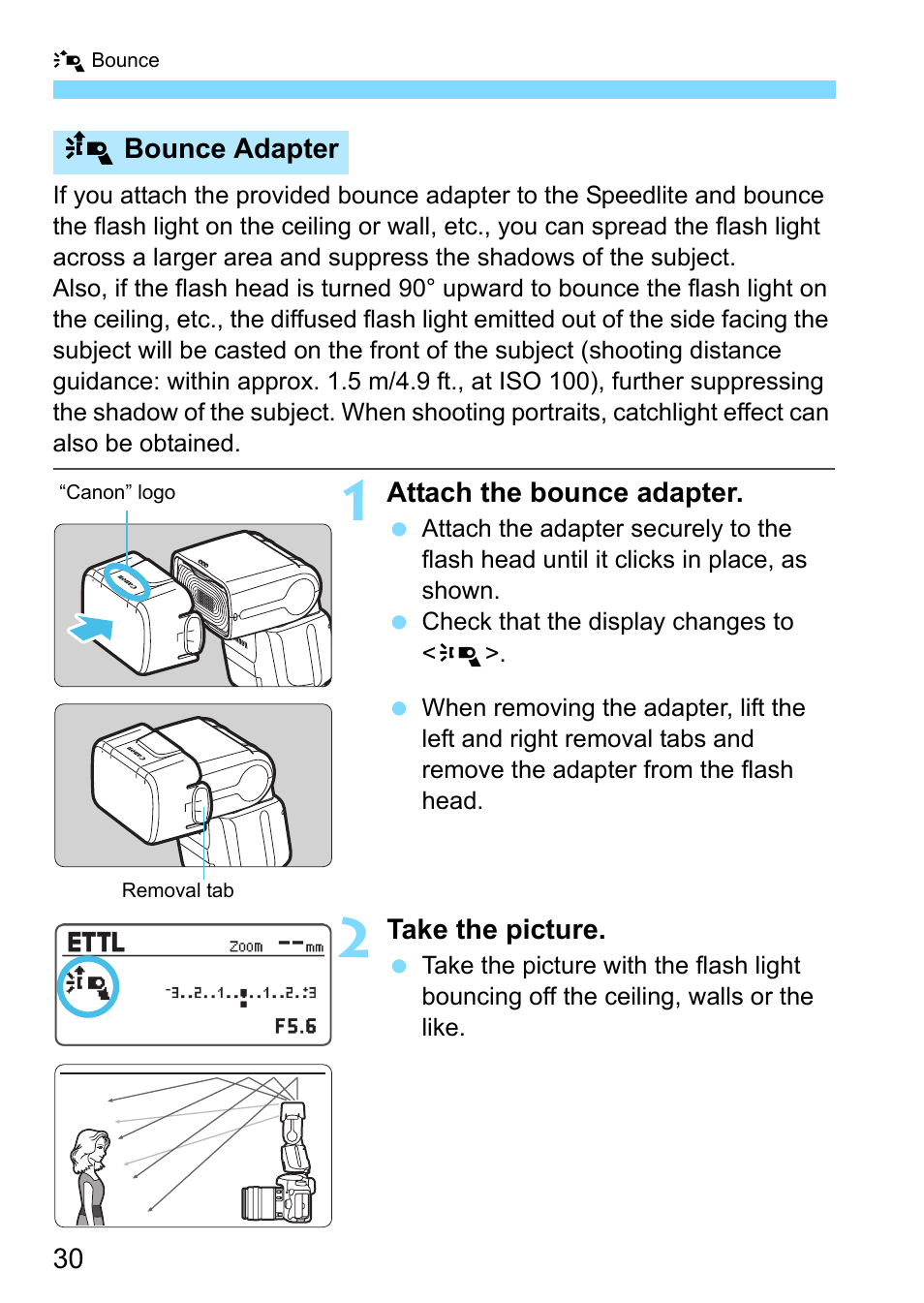 Bounce adapter, Chment (p.30), Bounce adapter attached (p.30) | Canon Speedlite 430EX III-RT User Manual | Page 30 / 108