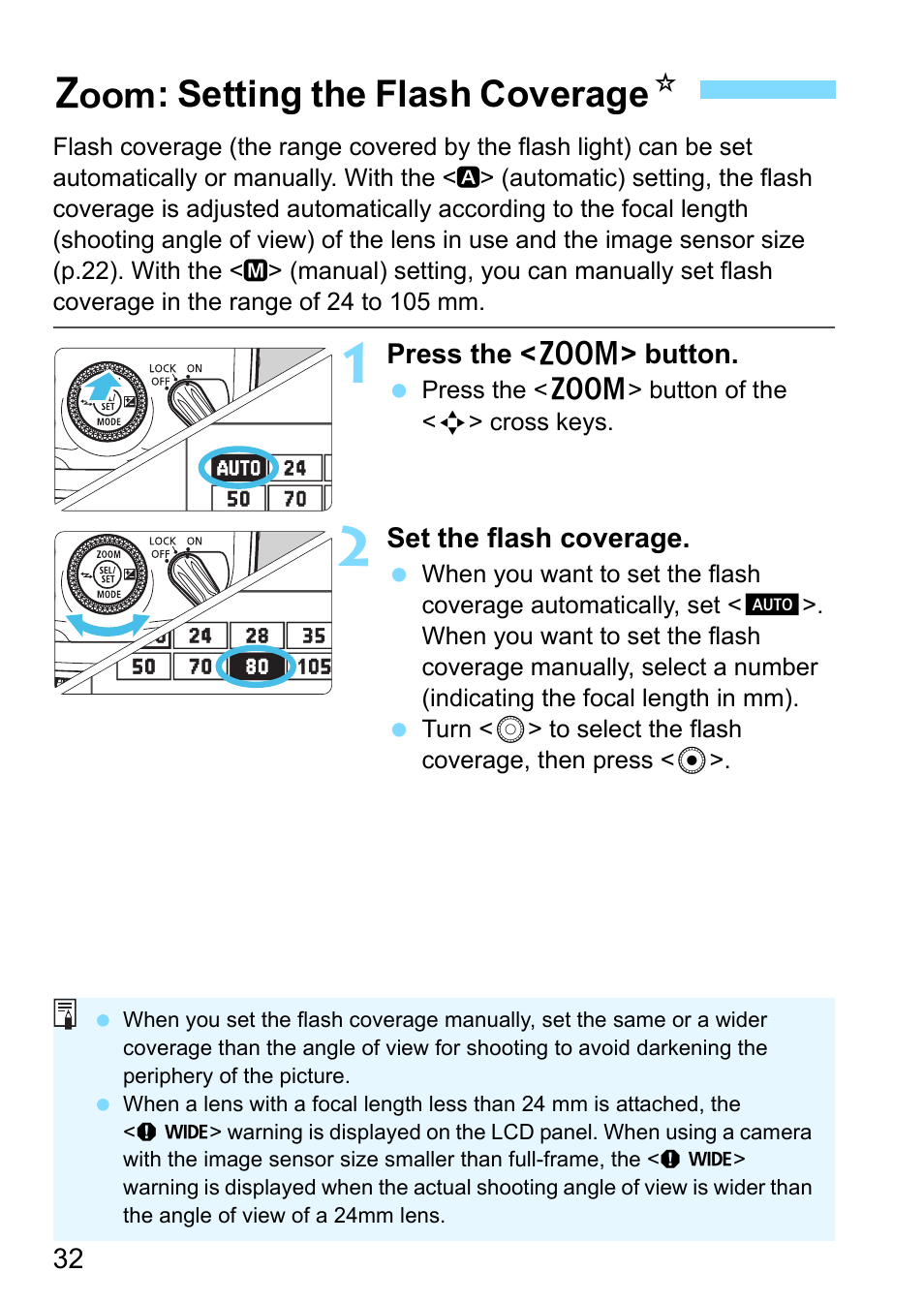 Setting the flash coverage, P.32), Manual (p.32) | Zoom display (p.32), Focal length/p.32), E: setting the flash coverage n | Canon Speedlite 430EX III-RT User Manual | Page 32 / 108
