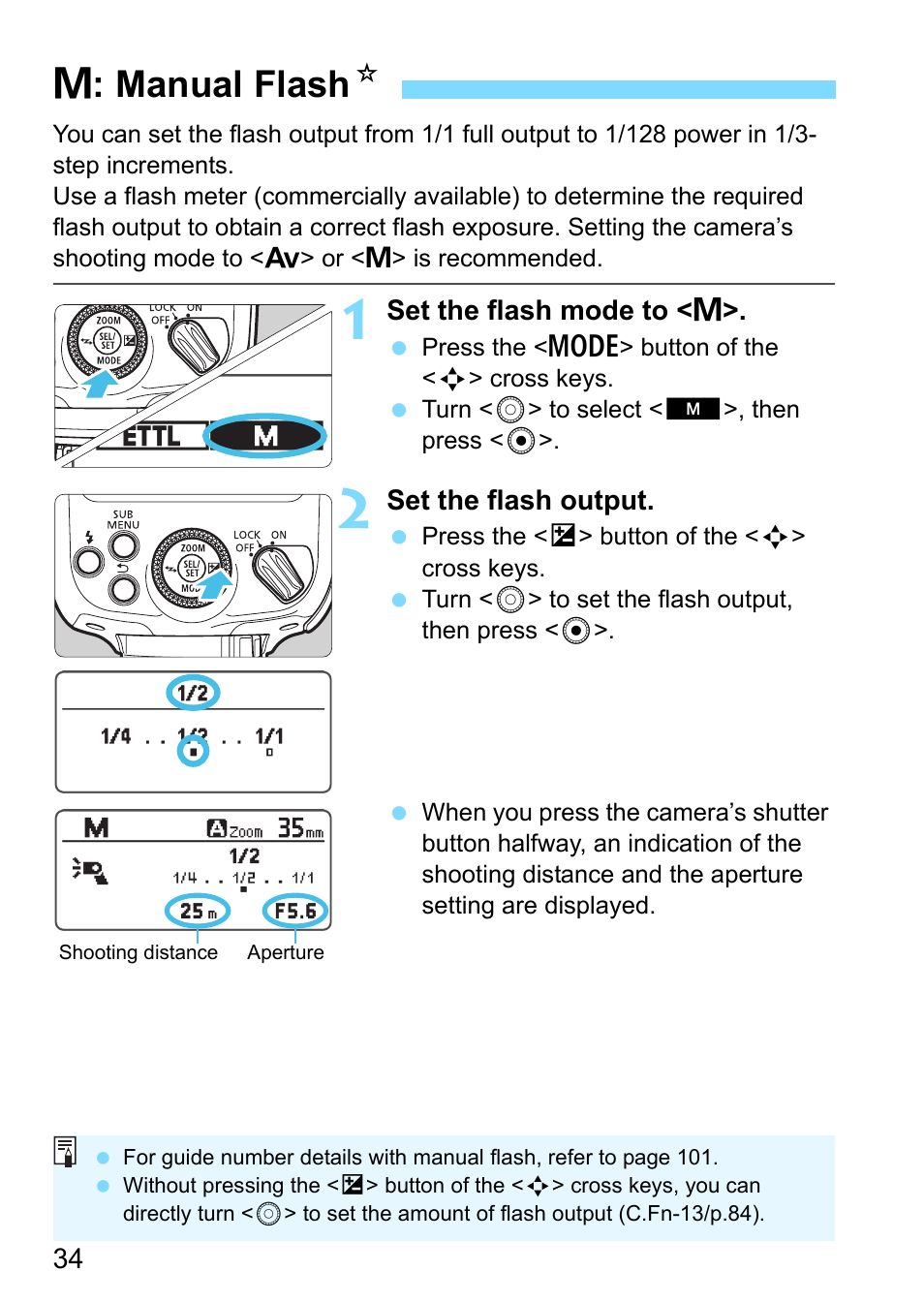 Manual flash, Tton (p.20, 34, P.34) | Aperture (p.34), Q: manual flash n | Canon Speedlite 430EX III-RT User Manual | Page 34 / 108