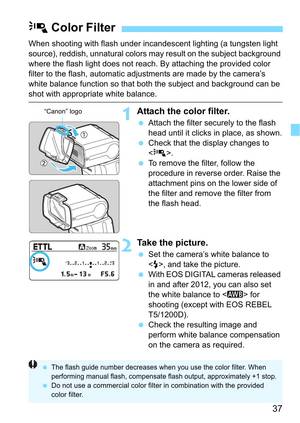 Color filter, P.37, T (p.37) | Color filter attached (p.37), Ocolor filter | Canon Speedlite 430EX III-RT User Manual | Page 37 / 108