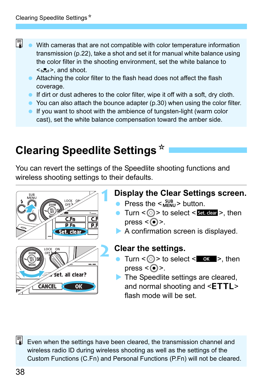 Clearing speedlite settings, P.38, P.38, 52, 54, 74 | Clearing speedlite settings n | Canon Speedlite 430EX III-RT User Manual | Page 38 / 108
