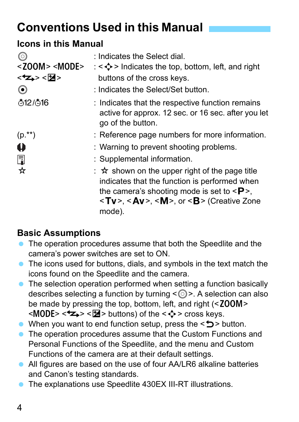 Conventions used in this manual, 4icons in this manual, Basic assumptions | Canon Speedlite 430EX III-RT User Manual | Page 4 / 108