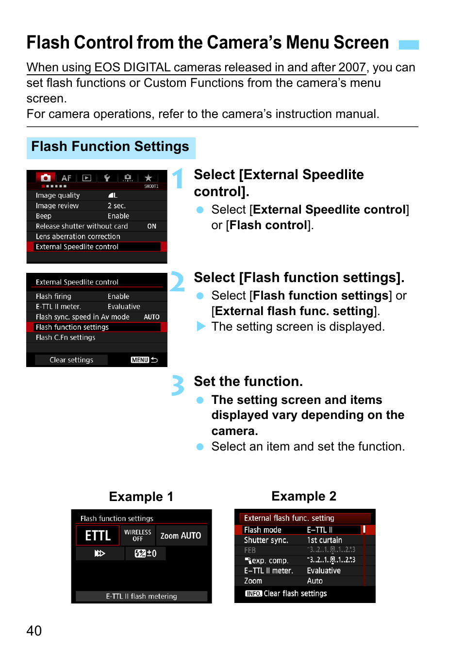 Flash control from the camera’s menu screen | Canon Speedlite 430EX III-RT User Manual | Page 40 / 108