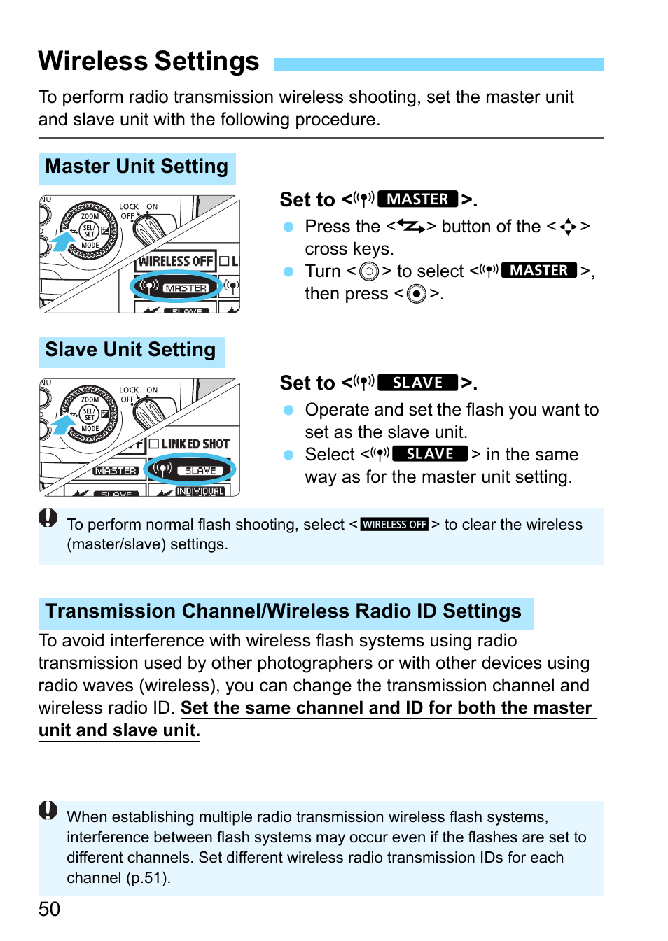 Wireless settings, Button (p.50, 73/68) | Canon Speedlite 430EX III-RT User Manual | Page 50 / 108